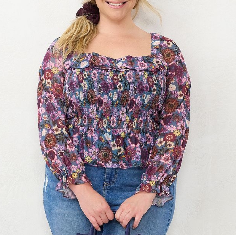 LC Lauren Conrad Smocked Floral Print Top NWT